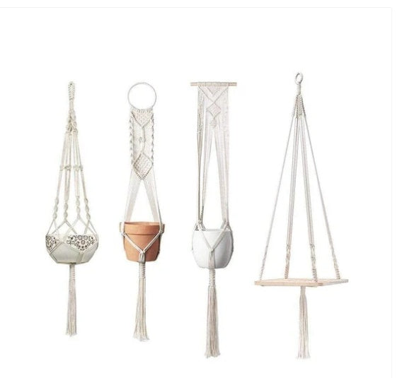 W. 4 Pack - Macrame Plant Hangers & Shelf