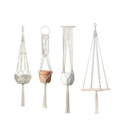 W. 4 Pack - Macrame Plant Hangers & Shelf